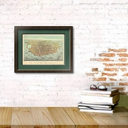 «The city of San Francisco, 1878 ; birds eye view from the Bay looking south-west» в интерьере кабинета с кирпичными стенами над столом с книгами