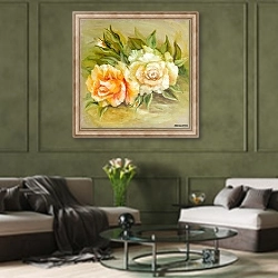 «Винтажные белые и желтые розы» в интерьере гостиной в оливковых тонах