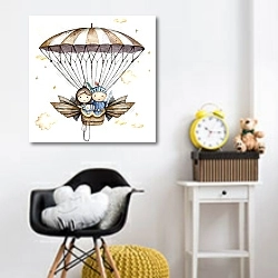 «prince and princess, mystical story, balloons, outdoor activities, castle, rainbow, sunny day vintage style watercolor, pastel color watercolor set» в интерьере детской комнаты для девочки с желтыми деталями