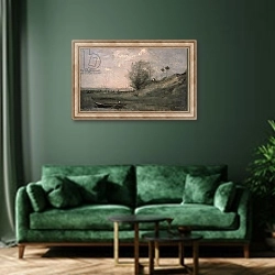 «Breakwater, Normandy» в интерьере зеленой гостиной над диваном