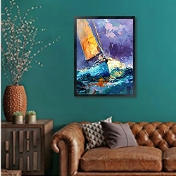 «The storm's embrace» в интерьере гостиной с зеленой стеной над диваном