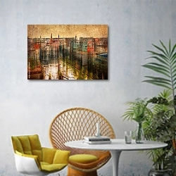 «Панорамный вид на Гамбург в смешанной технике» в интерьере современной гостиной с желтым креслом