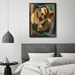 «Игрок На Лютне» в интерьере спальне в стиле минимализм над кроватью