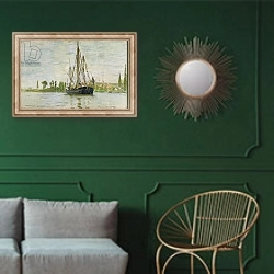 «The Chasse-Marée at Anchor, c.1871-72» в интерьере классической гостиной с зеленой стеной над диваном
