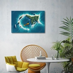 «Райский тропический остров с яхтой №2» в интерьере современной гостиной с желтым креслом
