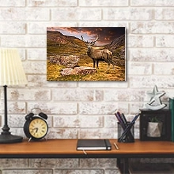 «Олень в горах» в интерьере кабинета в стиле лофт над столом
