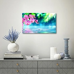 «Орхидеи над водой» в интерьере современной гостиной с голубыми деталями