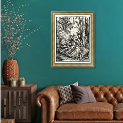 «The Lovers» в интерьере гостиной с зеленой стеной над диваном