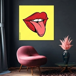 «Высунутый язык» в интерьере яркой гостиной в стиле поп-арт с розовыми деталями