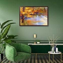 «Осеннее дерево над прудом» в интерьере гостиной в зеленых тонах