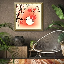 «Китайский пейзаж с веткой дерева и бумажными фонарями» в интерьере комнаты в этническом стиле