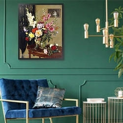 «Still Life with Gladioli, Roses and Hollyhocks before an Embroidered Curtain,» в интерьере в классическом стиле с зеленой стеной