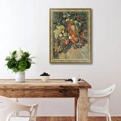 «Натюрморт с фруктами» в интерьере кухни с деревянным столом