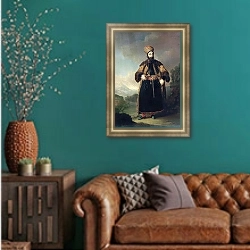 «Портрет Муртазы-Кули-хана 2» в интерьере гостиной с зеленой стеной над диваном