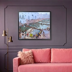 «Pushkar ghats, Rajasthan» в интерьере гостиной с розовым диваном