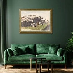 «Скала» в интерьере зеленой гостиной над диваном