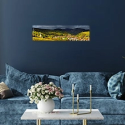 «Франция, Эльзас. Панорама Андлау» в интерьере стильной синей гостиной над диваном