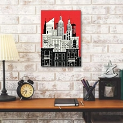 «Черно-бело-красная иллюстрация Нью-Йорка» в интерьере кабинета в стиле лофт над столом
