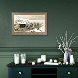 «Huts and war clothing for the army» в интерьере прихожей в зеленых тонах над комодом