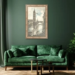 «View of the Portal and Principal Entrance of the Cathedral of Palermo during the Festival of Sta. Rosalia» в интерьере зеленой гостиной над диваном