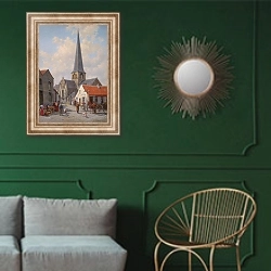 «Церковь Синт-Квинтенс-Ленник» в интерьере классической гостиной с зеленой стеной над диваном