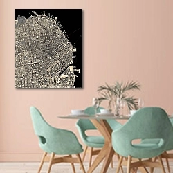 «Карта городских ритмов Сан-Франциско» в интерьере современной столовой в пастельных тонах