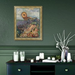 «The Cyclops, c.1914» в интерьере прихожей в зеленых тонах над комодом