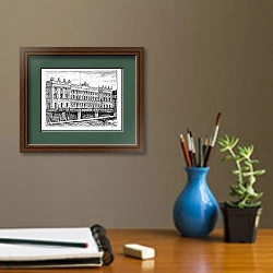 «Berlin Stock Exchange vintage engraving, 1890s.» в интерьере кабинета с бежевыми стенами над столом