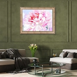 «Розовый крупный цветок пиона» в интерьере гостиной в оливковых тонах
