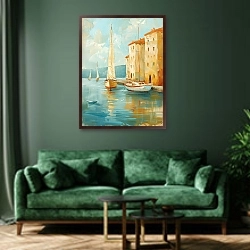 «Sailing yachts in Italian town marina» в интерьере зеленой гостиной над диваном