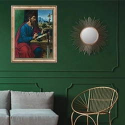 «Святой Павел, пишущий» в интерьере классической гостиной с зеленой стеной над диваном