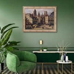 «Place de la Haute-Vieille-Tour, Rouen, 1824» в интерьере гостиной в зеленых тонах