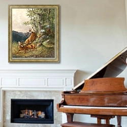 «Охота на оленей» в интерьере классической гостиной над камином