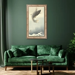 «Jumping carp» в интерьере зеленой гостиной над диваном