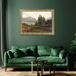 «Partie am Kochelsee» в интерьере зеленой гостиной над диваном