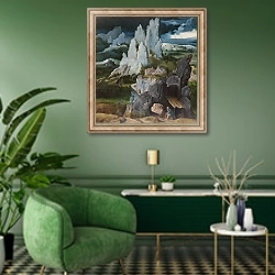 «Святой Жером в горах» в интерьере гостиной в зеленых тонах