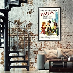 «Paris» в интерьере двухярусной гостиной в стиле лофт с кирпичной стеной