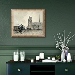 «Нотр-Дам, вид с моста на дубль» в интерьере прихожей в зеленых тонах над комодом