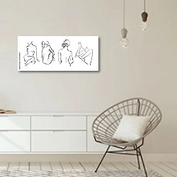 «Силуэты женщин на белом фоне» в интерьере белой комнаты в скандинавском стиле над комодом