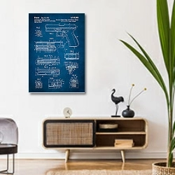 «Патент на автоматический пистолет Glock, 1985г» в интерьере комнаты в стиле ретро над тумбой