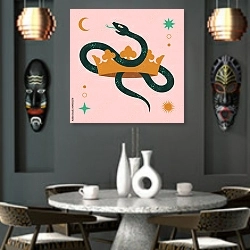 «Змея с золотой короной, полумесяцем, звездами» в интерьере в этническом стиле над столом
