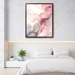 «Abstract pink and gray ink art 1» в интерьере светлой минималистичной спальне над кроватью