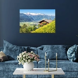 «Швейцария. Летний пейзаж с шале на склоне» в интерьере современной гостиной в синем цвете