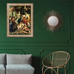 «The Felicity of the Regency, 1621-25» в интерьере классической гостиной с зеленой стеной над диваном