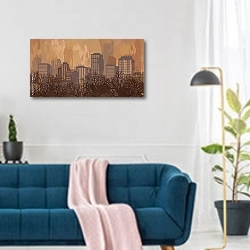 «Осенний городской пейзаж в коричневых тонах» в интерьере современной гостиной над синим диваном