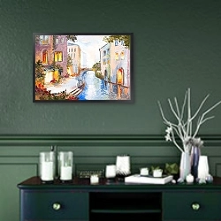 «Канал в Венеции, Италия 1» в интерьере прихожей в зеленых тонах над комодом