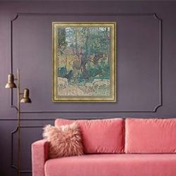 «Travaux des champs» в интерьере гостиной с розовым диваном