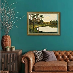 «Grunewaldsee» в интерьере гостиной с зеленой стеной над диваном