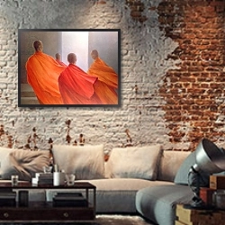 «Four Monks on Temple Steps» в интерьере гостиной в стиле лофт с кирпичной стеной