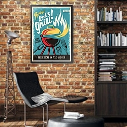 «Дизайн ретро-плаката с грилем и жареной мясной пищей» в интерьере кабинета в стиле лофт с кирпичными стенами
